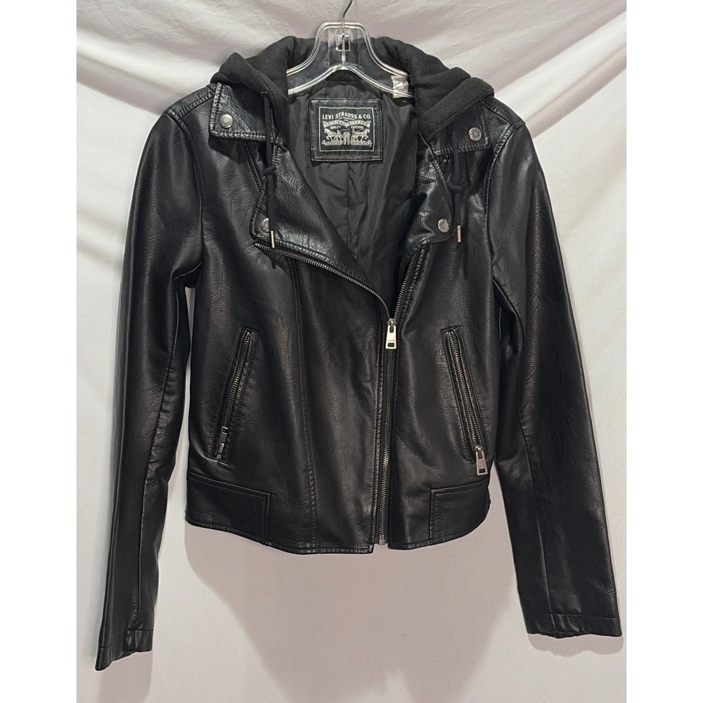 Levis Womens Faux Leather Hooded Moto Jacket Black XS Asymmetrical Zip Biker